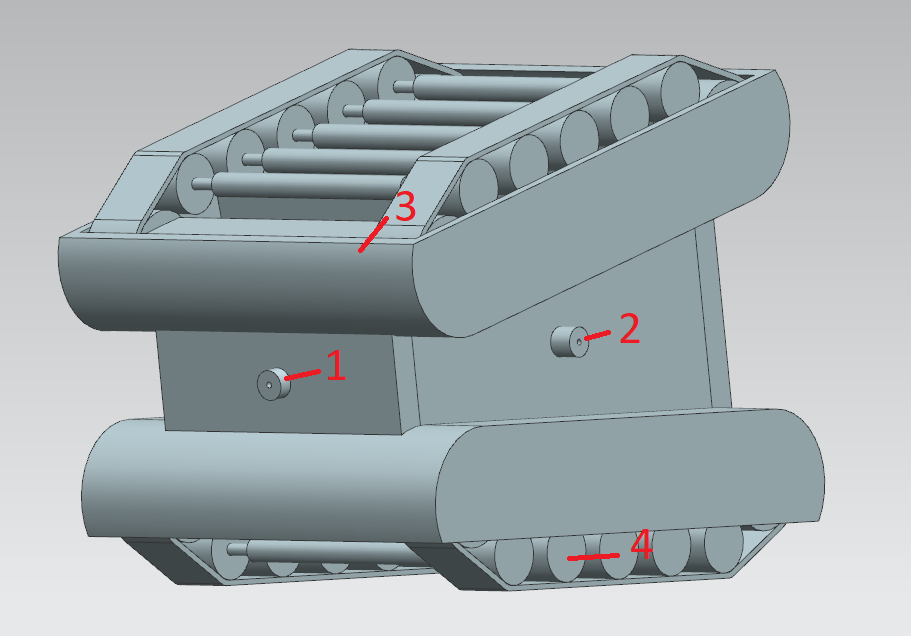 1: Front laser and IR camera combination module, 2: Side laser, 3: Catterpillar wheelguard, 4: Caterpillar support wheels