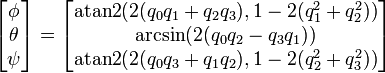 \begin{bmatrix}
\phi \\ \theta \\ \psi
\end{bmatrix} =
\begin{bmatrix}
\mbox{atan2}  (2(q_0 q_1 + q_2 q_3),1 - 2(q_1^2 + q_2^2)) \\
\mbox{arcsin} (2(q_0 q_2 - q_3 q_1)) \\
\mbox{atan2}  (2(q_0 q_3 + q_1 q_2),1 - 2(q_2^2 + q_3^2))
\end{bmatrix} 