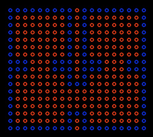 Figure 12: Example of resulting grid map, each circle denotes a grid square and a blue circle denotes a wall.