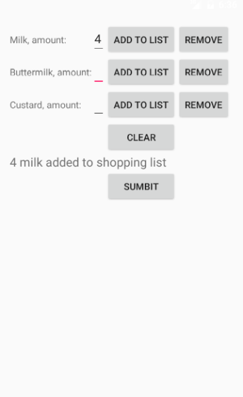 Layout of the activity of the app where items are added to the shopping list